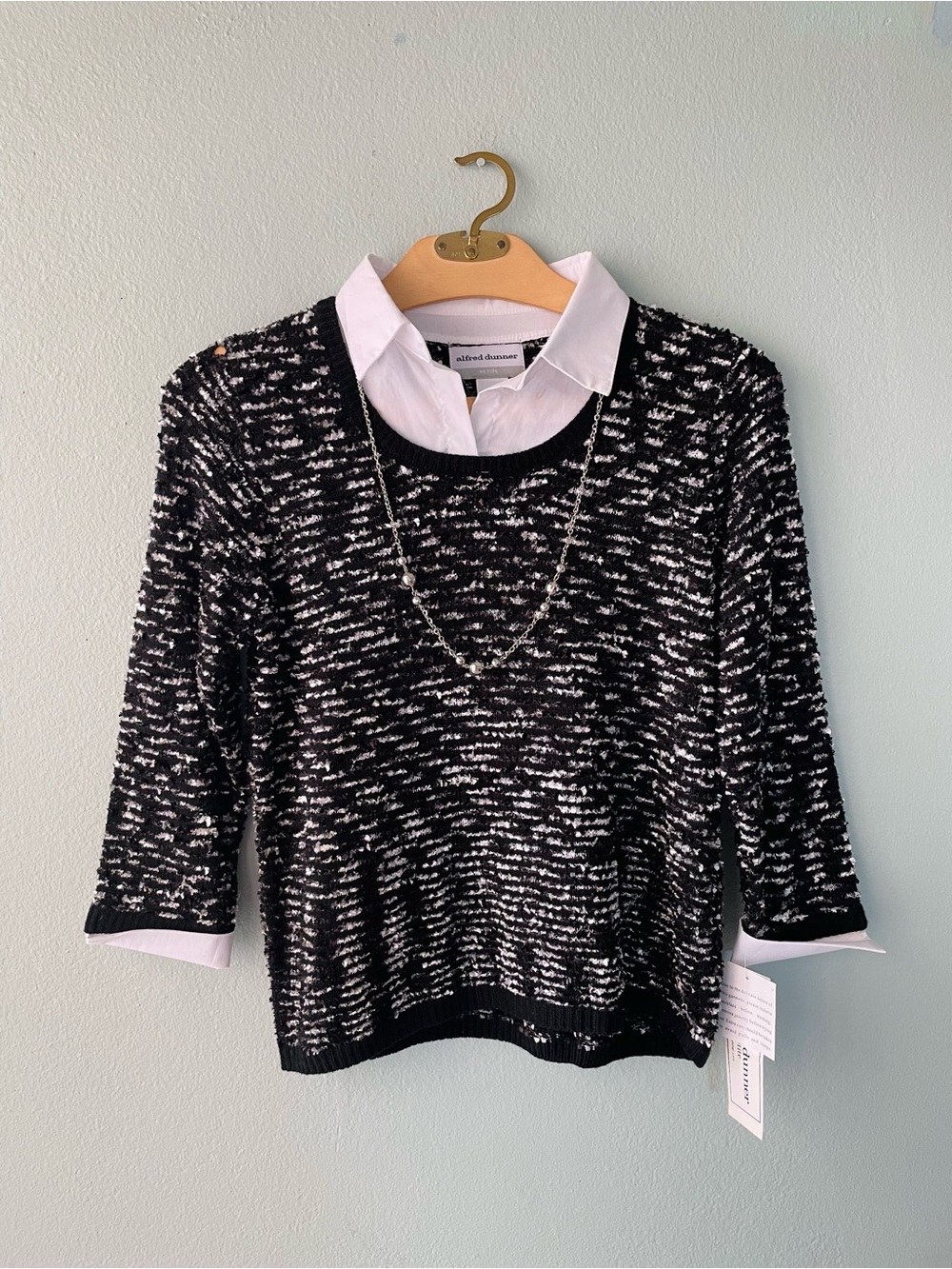 Alfred Dunner | Black & White Layered Look Office Blouse with Necklace